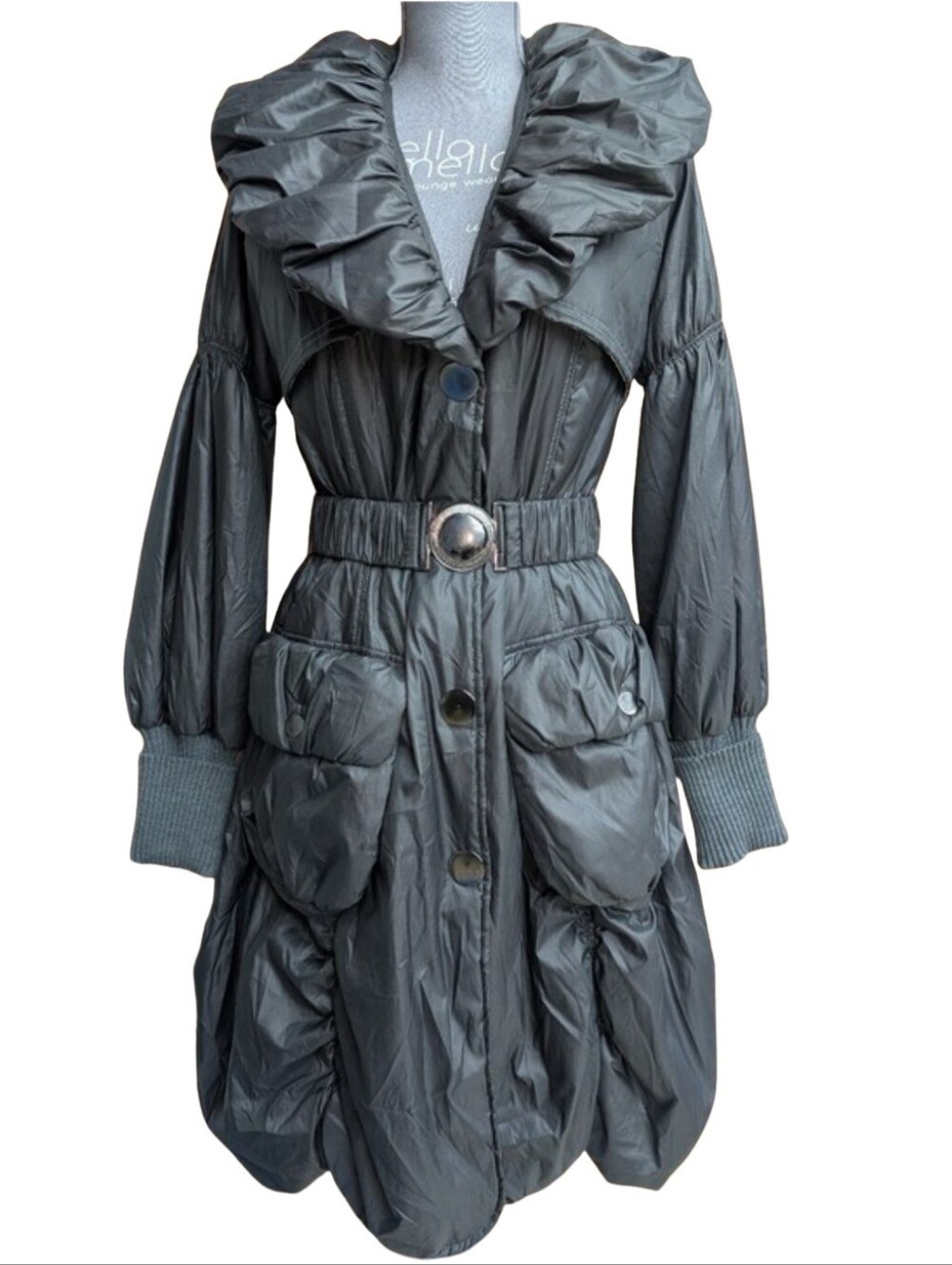 Dolcezza Structural Ruffle Bubble Puffer Coat Pewter Gray Belted Small S